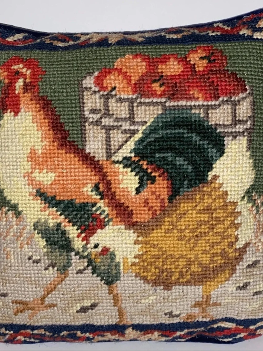 Vintage Needlepoint Pillow Rooster Hen Apples Accent Pillow 9